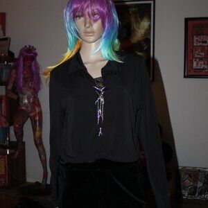 Faded Rose Black Cropped Top Rhinestone Tie Front Tie XL NWOT